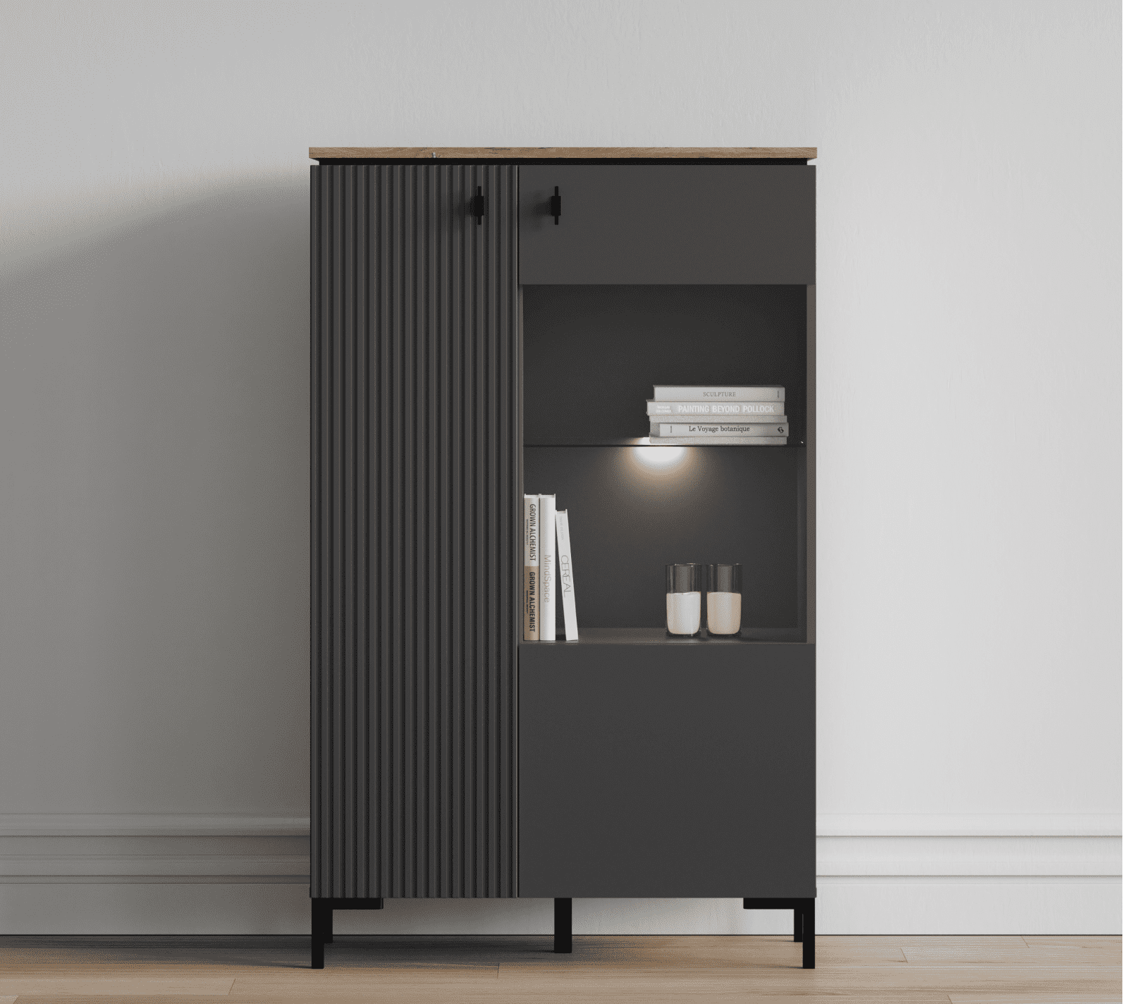 Шкаф-витрина с подсветкой Сан Джиминьяно антрацитовый/дуб нокс REG1D1W/140_3