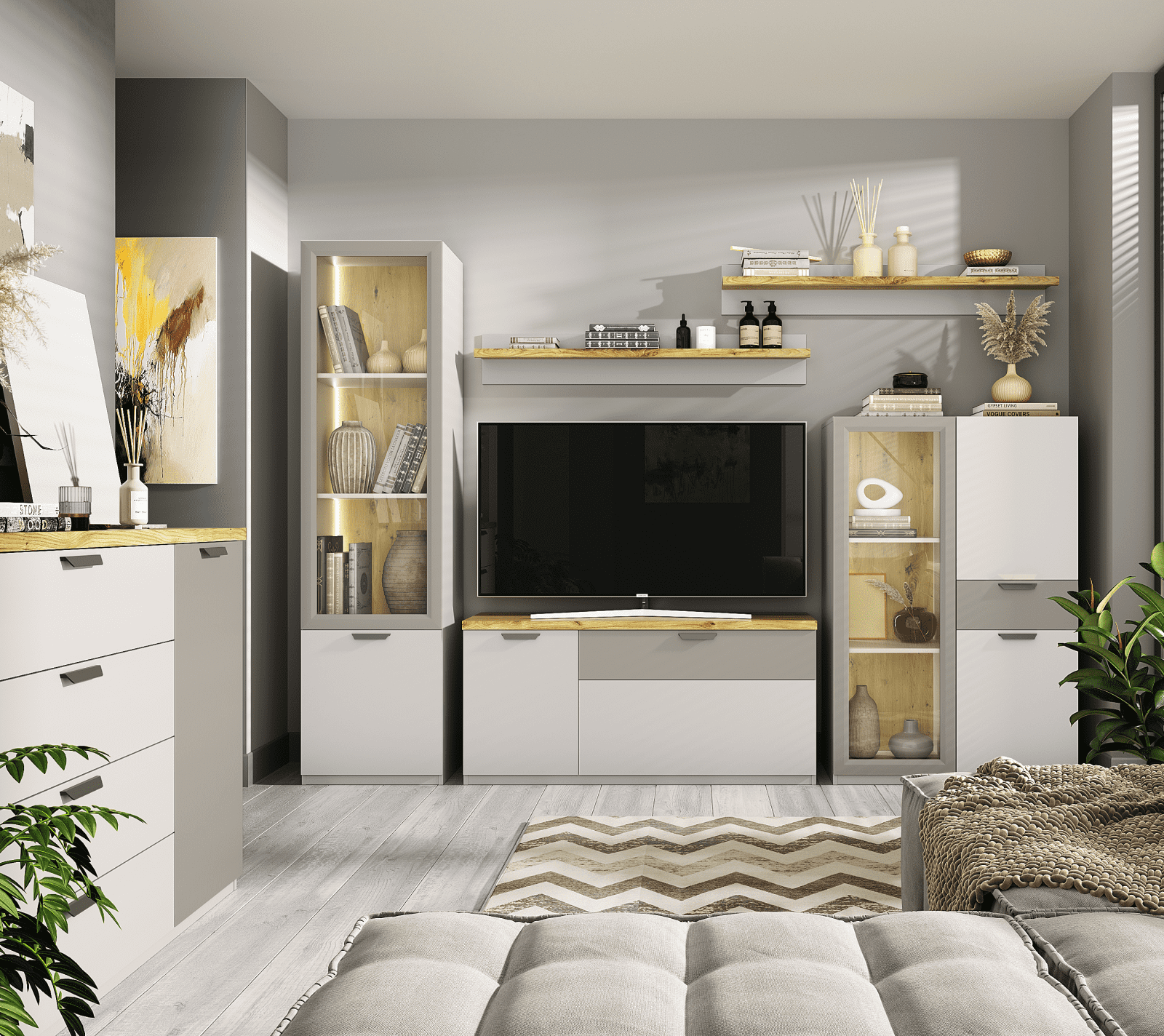 Полка навесная Модерн персидский жемчуг/дуб наварра T_2