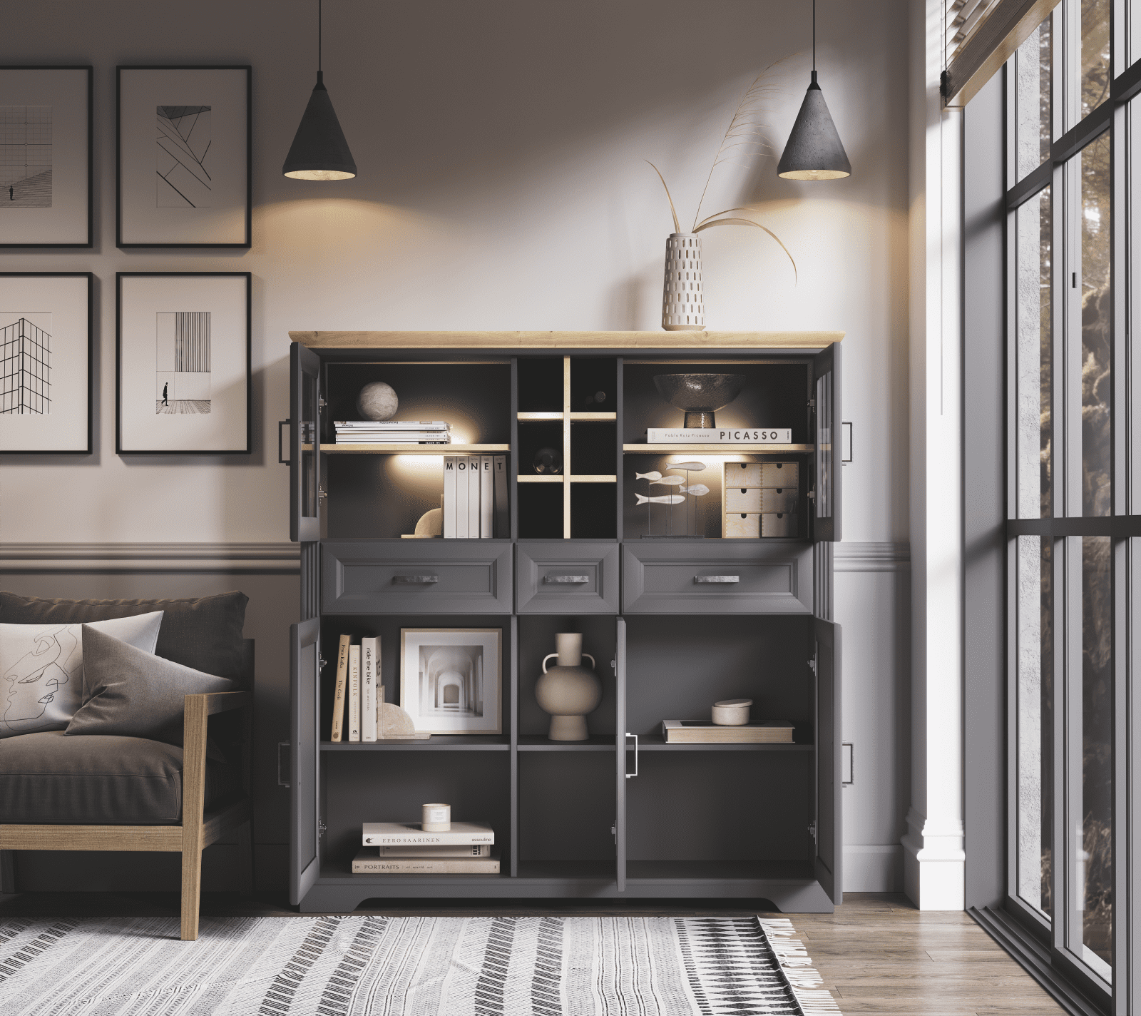 Витрина с подсветкой Жасмин графит/дуб артизан REG2W3D3S_3