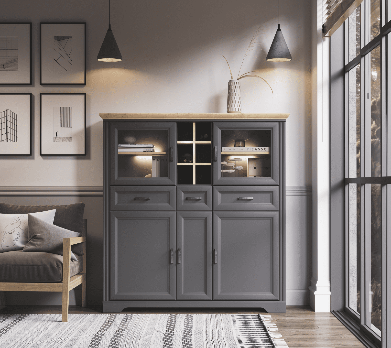 Витрина с подсветкой Жасмин графит/дуб артизан REG2W3D3S_2