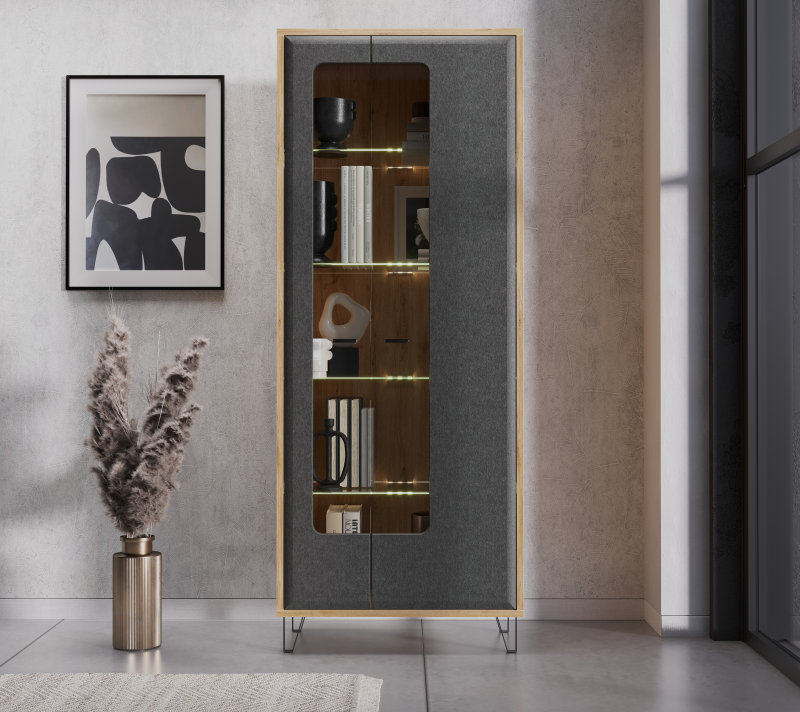 Витрина с подсветкой Грейс дуб наварра/графит REG2W_1