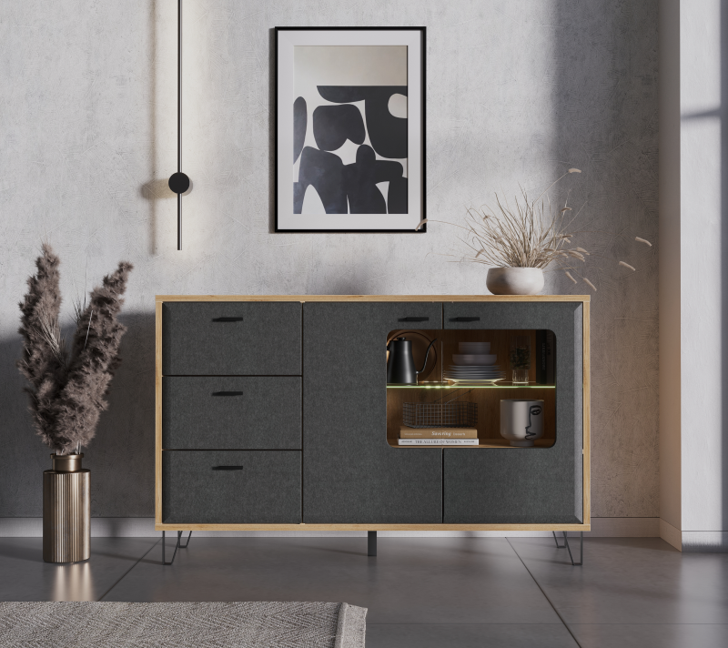 Тумба-витрина с подсветкой Грейс дуб наварра/графит KOM2W3S_1