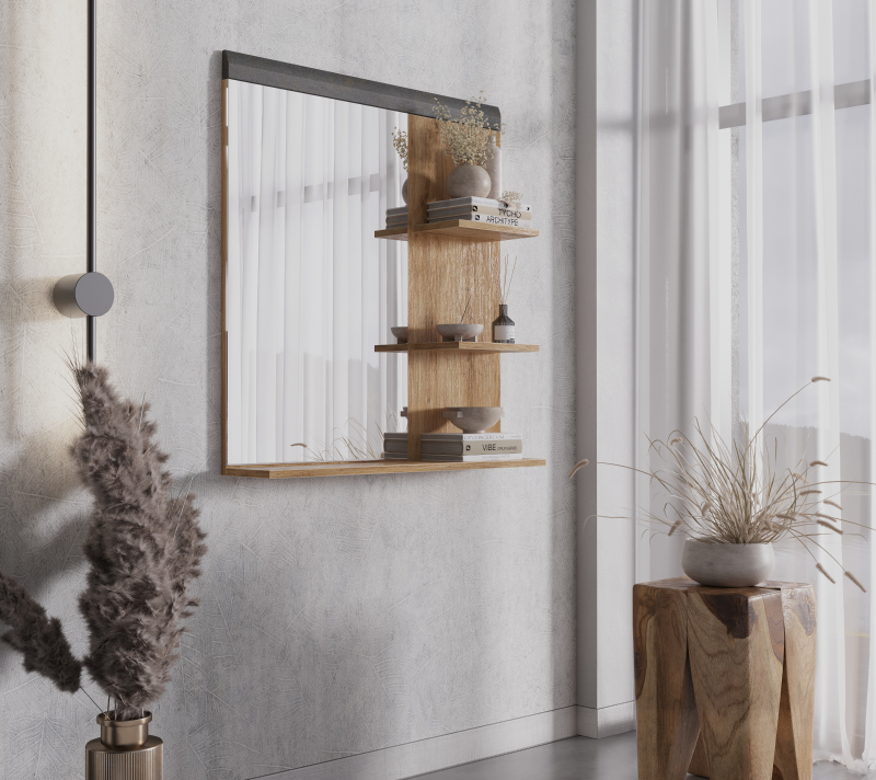 Полка настенная с зеркалом Грейс дуб наварра/графит LUS/80_2