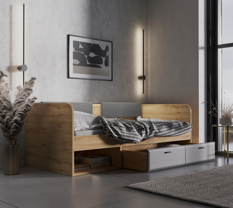 Кровать с мягкими элементами Грейс дуб наварра/графит LOZ/90_2