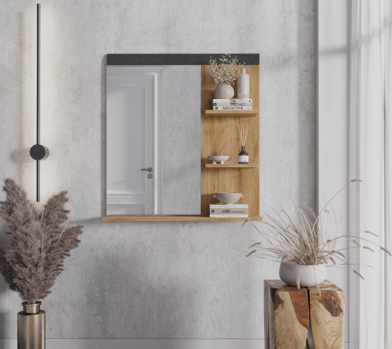Полка настенная с зеркалом Грейс дуб наварра/графит LUS/80_1