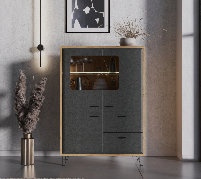 Тумба-витрина с подсветкой Грейс дуб наварра/графит KOM2W1D2S_1