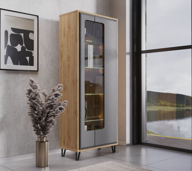 Витрина с подсветкой Грейс дуб наварра/графит REG2W_3