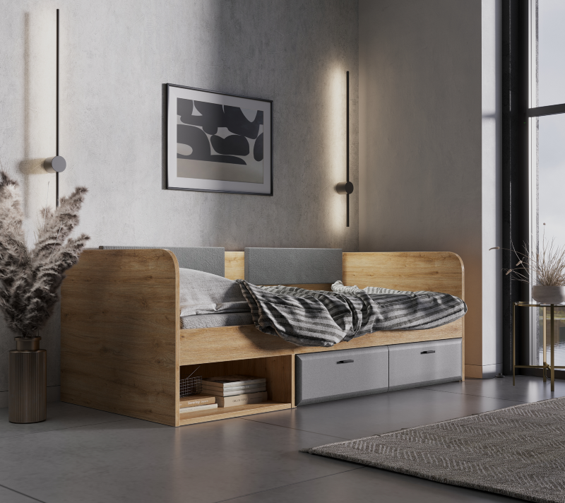 Кровать с мягкими элементами Грейс дуб наварра/графит LOZ/90_3