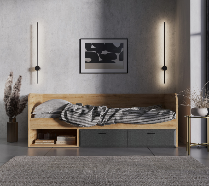 Кровать с мягкими элементами Грейс дуб наварра/графит LOZ/90_1