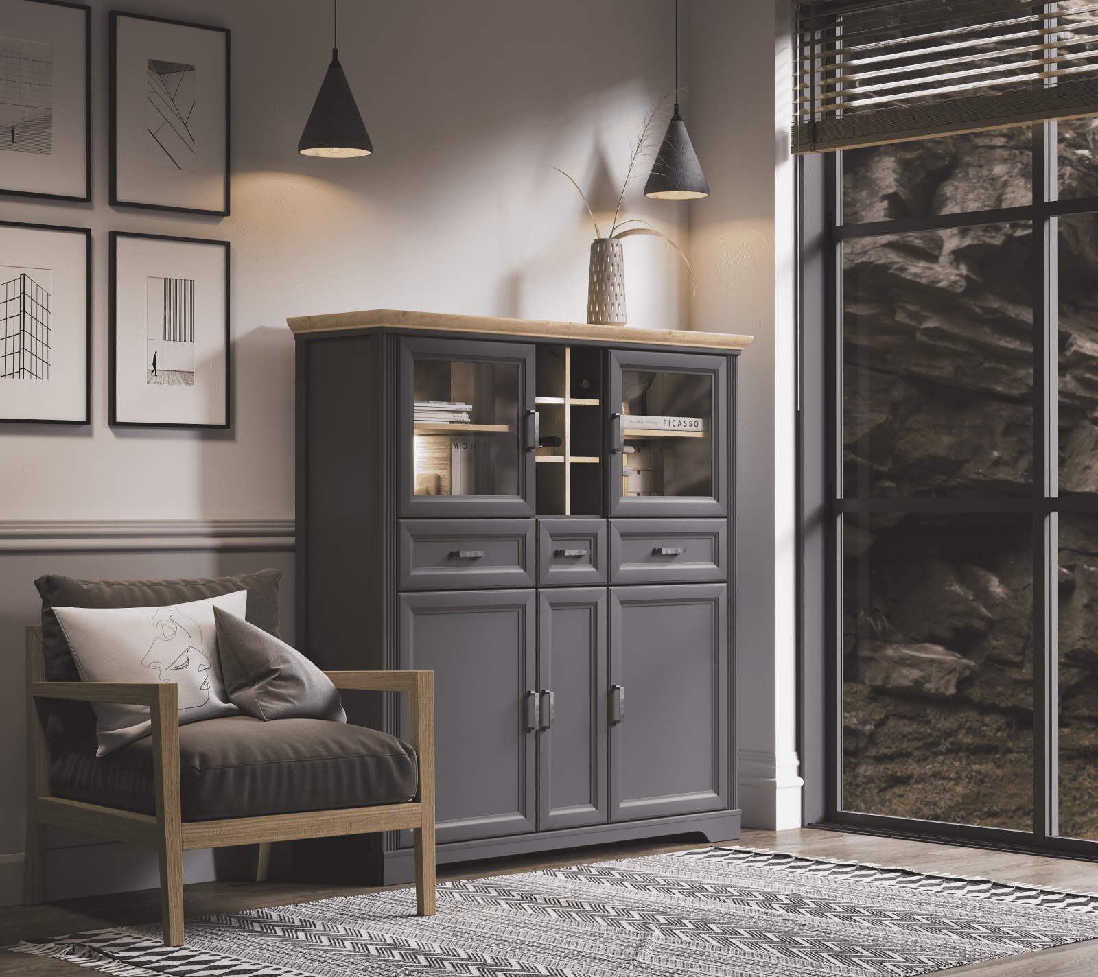 Витрина с подсветкой Жасмин графит/дуб артизан REG2W3D3S_4